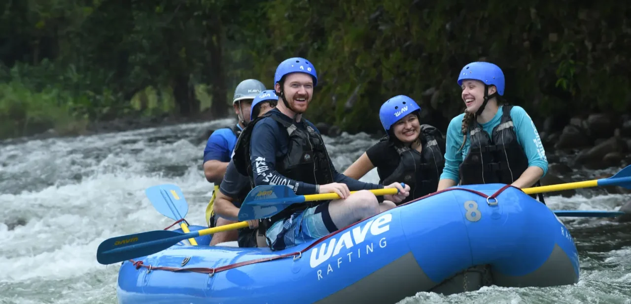 small group enjoying a guided rafting tour with wave expeditions in costa rica