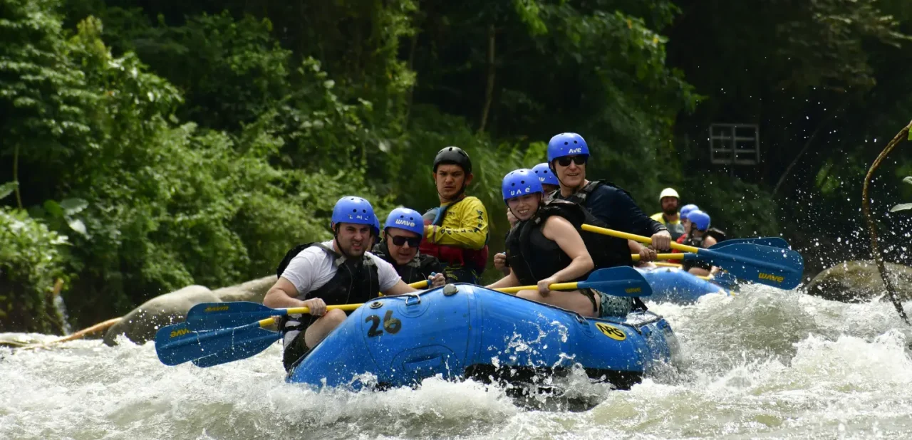 group rafting together through a river section with wave expeditions in costa rica