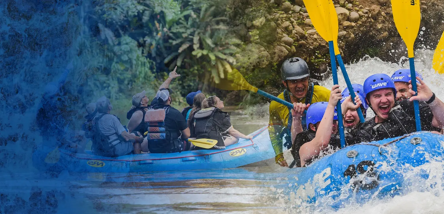 Group of rafters paddling downriver with blue splash overlay effect, featured in Wave Expeditions hero banner